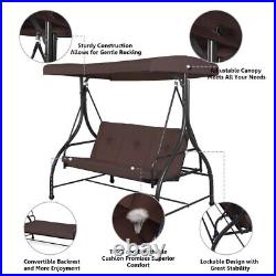 Converting Outdoor Swing Hammock 3 Seats Patio Furniture Adjustable Canopy Brown