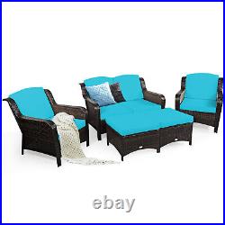 Costway 5PCS Patio Rattan Furniture Set Loveseat Sofa Ottoman Turquoise Cushion