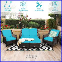 Costway 5PCS Patio Rattan Furniture Set Loveseat Sofa Ottoman Turquoise Cushion
