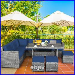 Costway 7 PCS Patio Rattan Dining Set Sectional Sofa Couch Ottoman Navy