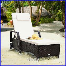 Cushioned Outdoor Wicker Chaise Lounge Chair with Wheel Adjustable Backrest