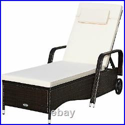 Cushioned Outdoor Wicker Chaise Lounge Chair with Wheel Adjustable Backrest