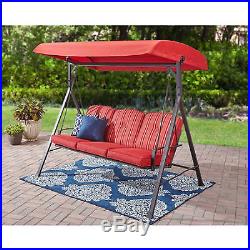 Cushioned Porch Swing With Canopy Cover Seats 3 Red Fabric Patio Outdoor Garden