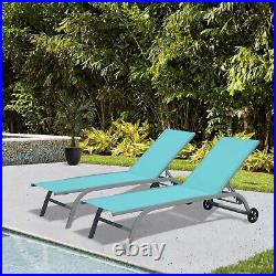 Domi 2 Pieces of Outdoor Metal Chaise Lounge chair withWheels for pool(Lake Blue)