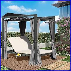 Domi Aluminum Outdoor Daybed Retractable Canopy Bed, Double Chaise Lounge, Grey