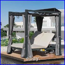 Domi Aluminum Outdoor Patio Daybed, Double Chaise Lounge withRetractable Canopy Bed