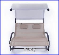 Double Chaise Rocker Patio Furniture Chair Canopy Pool Swing Rocker Steel, Beige