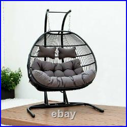Double Egg Swing Rattan Indoor & Patio Garden Hanging Chair withCushion Outdoor