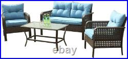 Eclife 4 PCS Patio Rattan Sofa Set with Table Outdoor Wicker Furniture Set Blue