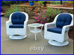 Elegant White Wicker Patio Furniture Set Swivel Glide Chairs Navy Blue Cushions