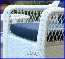 Elegant White Wicker Patio Furniture Set Swivel Glide Chairs Navy Blue Cushions