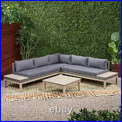 Emanuel Outdoor Acacia Wood and Wicker 5 Seater Sectional Sofa Set with Water-Re