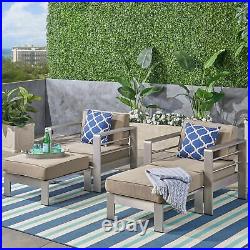 Emily Coral Outdoor Aluminum 2-Seater Club Chair Chat Set with Ottomans, Silver