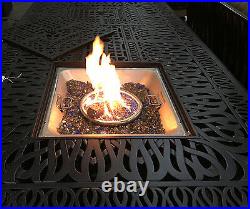 Fire pit dining propane table set 7 piece outdoor cast aluminum patio furniture