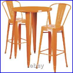 Flash 3pc Orange Metal Bar Set- 30in Round x 41inH Table with 2 Bistro Barstools