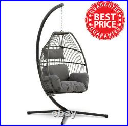 Folding Hanging Egg / Cocoon Chair Swing With Cushion & Stand- Single-grey