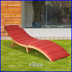 Folding Wooden Outdoor Lounge Chair Chaise Red/White Cushion Pad Pool Deck