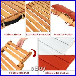Folding Wooden Outdoor Lounge Chair Chaise Red/White Cushion Pad Pool Deck