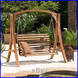 Front Porch Swing With Stand Wooden Natural Rustic Loveseat Bench Outdoor Patio