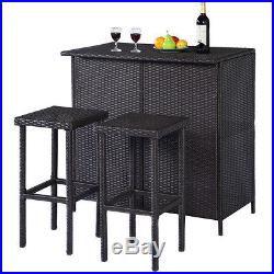 GOPLUS 3PCS Rattan Wicker Bar Set Patio Outdoor Table & 2 Stools Furniture Brown