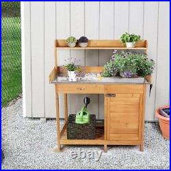 Garden Potting Bench Outdoor Table Work Bench Metal Tabletop WithCabinet Drawer