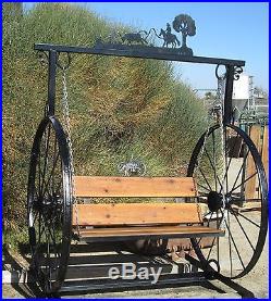 Garden Swing Hand Made W 100 Yr Old Hay Rake Wheels Steel & Redwood W Metal Art
