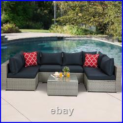 Gray Outdoor Sectional PE Rattan 7 Piece Patio Furniture Set With Blue Cushions