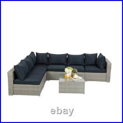 Gray Outdoor Sectional PE Rattan 7 Piece Patio Furniture Set With Blue Cushions