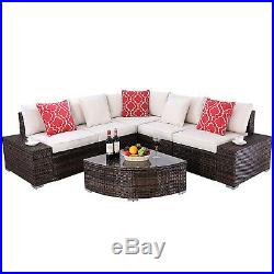 HTTH 6 PCS Outdoor Sectional Furniture Set Wicker Sofa Couch with Cushions Table