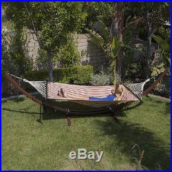 Hammock Cotton + Cup and Tablet Holder Rope Wood Arc Stand Outdoor Pool Backyard
