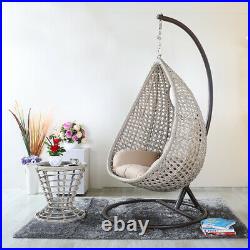 Hanging Rattan Egg Chair Swing Garden Chair Weave With Beige Cushion Outdoor Fur