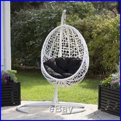 Hanging Wicker Chair Egg Swing With Stand White Black Cushion Patio Lawn Pool