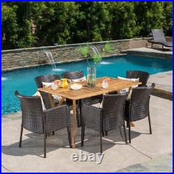 Helton 7 Piece Outdoor Dining Set (Wood Table With Wicker Chairs)