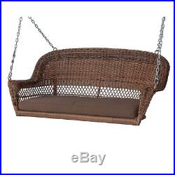 Jeco Honey Wicker Porch Swing with Brown Cushion Outdoor Glider and