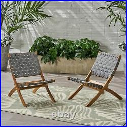 Kayla Outdoor Foldable 2 Seater Acacia Wood Chat Set with Strapping Belt Accents