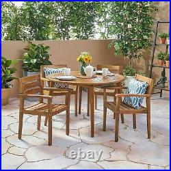 Keth Outdoor 5 Piece Teak Acacia Wood Slatted Dining Set with Circular Table