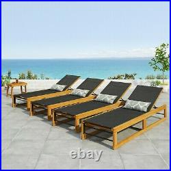 Leavitt Outdoor Mesh and Wood Adjustable Chaise Lounges, Set of 4, Black and Tea