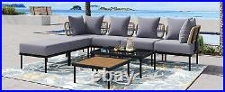 Light Grey 8 Piece Patio Sofa Set with Glass and Wooden Coffee Tables for