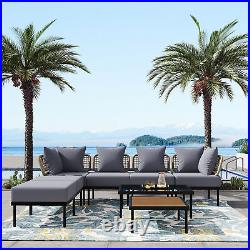 Light Grey 8 Piece Patio Sofa Set with Glass and Wooden Coffee Tables for