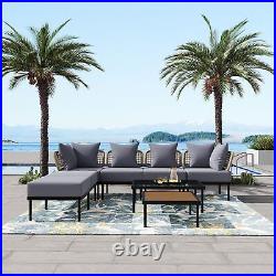 Light Grey 8 Piece Patio Sofa Set with Glass and Wooden Coffee Tables for