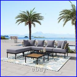 Light Grey 8 Piece Patio Sofa Set with Glass and Wooden Coffee Tables for