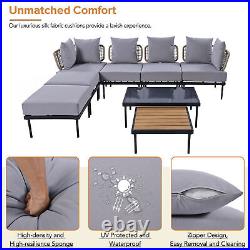 Light Grey 8 Piece Patio Sofa Set with Glass and Wooden Coffee Tables for