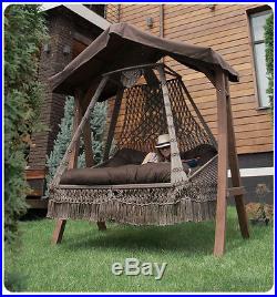 NEW SEARA Double Hand Made Macrame Swing & Caravela Solid Wood Stand SET