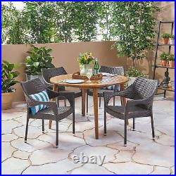 Nix Outdoor 5 Piece Wicker Dining Set with Round Acacia Wood Slat Top Table