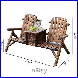 Outdoor 2 Seat Double Adirondack Wood Bench Chair with Ice Bucket Carbonized Brown