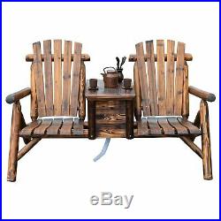 Outdoor 2 Seat Double Adirondack Wood Bench Chair with Ice Bucket Carbonized Brown