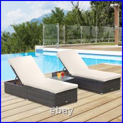 Outdoor 3PC PE Wicker Patio Deck Chair Set with Thick Cushions & Table