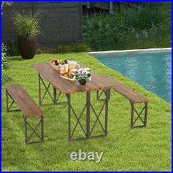 Outdoor 3 PCS Acacia Wood Patio Dining Table Bench Set with 2 Umbrella Hole