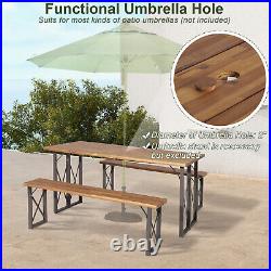 Outdoor 3 PCS Acacia Wood Patio Dining Table Bench Set with 2 Umbrella Hole