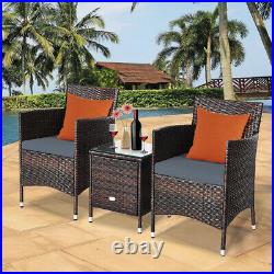 Outdoor 3 PCS PE Rattan Wicker Furniture Sets Chairs Coffee Table Garden Gray